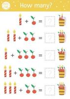 Geburtstags-Zählspiel mit Kuchen und Kerzen. Aktivität zur Erkennung von Feriennummern für Kinder im Vorschulalter. pädagogisches druckbares Mathe-Arbeitsblatt mit traditionellem Dessert für Kinder vektor
