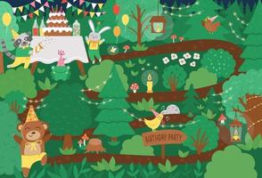 vektor födelsedagsfest skog bakgrund med söta djur, löv, träd, svamp. rolig semester skogsscen med björn, kanin, tvättbjörn och växter. platt illustration för barn med tårta.