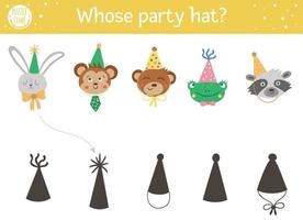 Geburtstags-Shadow-Matching-Aktivität für Kinder. lustiges Puzzle mit süßen Tieren in Partyhüten. Ferienfeier Lernspiel für Kinder. Finden Sie das richtige Arbeitsblatt zum Ausdrucken der Silhouette. vektor