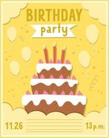 födelsedagsfest gratulationskort mall med söt tårta och ljus. jubileumsaffisch eller inbjudan för barn. ljus semester illustration med traditionell festlig efterrätt, ballonger, konfetti. vektor