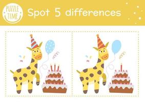 Geburtstagsparty Finde Unterschiede Spiel für Kinder. Ferienpädagogische Aktivität mit lustiger Giraffe mit Kuchen und Ballon. Druckbares Arbeitsblatt mit lächelnden Zeichen. süßes Feierpuzzle für Kinder vektor