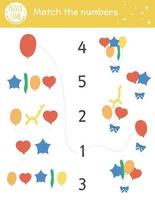 Geburtstags-Matching-Spiel mit bunten Luftballons. Ferienmathematik für Kinder im Vorschulalter. pädagogisches feier druckbares zählarbeitsblatt mit süßen lustigen elementen für kinder vektor