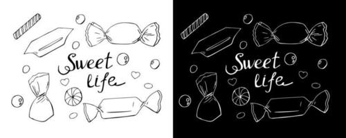 Süßigkeiten-Doodle-Skizze-Set. süße lebensbeschriftung. Vektor-Illustration. vektor
