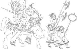sorger und seine armee, wandmalerei, rajasthan, indien. im Kalamkari-Volksstil. Kunst vektor