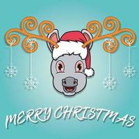 süße Eselkopf-Cartoon-Weihnachtskarte. Hut und lustige Weihnachten tragen. vektor