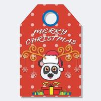 Frohe Weihnachten, Frohes neues Jahr, handgezeichnetes Label-Tag mit süßem Panda-Kopf-Charakter-Design. vektor