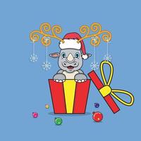 süßes Nashorn auf Geschenk mit Weihnachtsmann-Hut. für Hintergrund, Vorlage, Symbol, Banner, Einladung, Grußkarte, Inspirationsdesign und Flyer. vektor
