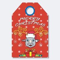 Frohe Weihnachten, Frohes neues Jahr, handgezeichnetes Label-Tag mit süßem Nashornkopf-Charakterdesign. vektor