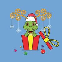 süßes Krokodil auf Geschenk mit Weihnachtsmann-Hut. für Hintergrund, Vorlage, Symbol, Banner, Einladung, Grußkarte, Inspirationsdesign und Flyer. vektor