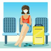 flicka sitter i ett väntrum med en resväska vektor