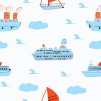 sömlösa mönster med havsfartyg och segelfartyg och kryssningsfartyg. vektor