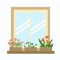 stängt fönster och blommor på fönsterbrädan vektor