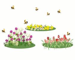 rabatter med blommor och söta bin på våren vektor