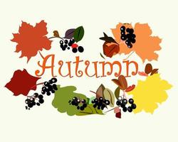 das Wort Herbst mit Blättern und Beeren vektor