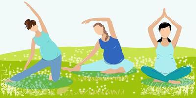 tre gravida tjejer gör yoga i parken vektor