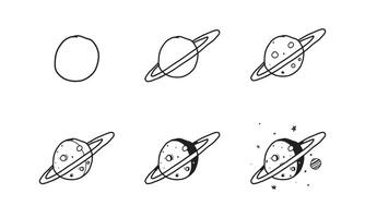 wie man einen Saturnplaneten von o Schritt für Schritt zeichnet. Einfache und unterhaltsame Aktivität für die Entwicklung und Kreativität der Kinder. Tutorial zum Zeichnen von Tieren und Objekten aus der Alphabetserie in Vektorillustration. vektor