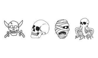 Schädel, Piratenlogo, Mumienkopf und Krakensatz isoliert auf weißem Hintergrund. Umrissene Cartoon-Zeichnung von gruselig, gotisch, Todessymbol für Tätowierung, Poster, Halloween-Thema usw.