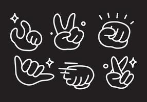 Reihe von lustigen Cartoon-Handgesten-Illustrationen. Liniendarstellung in weiß auf schwarzem Hintergrund. einfache handgezeichnete zeichnung von handfingern.