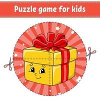 schneiden und spielen. Runde Puzzle-Geschenkbox. Logikrätsel für Kinder. Aktivitätsseite. Schnittpraxis für die Vorschule. Zeichentrickfigur. Weihnachtsthema. vektor