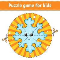 schneiden und spielen. Runde Puzzle-Schneeflocke. Logikrätsel für Kinder. Aktivitätsseite. Schnittpraxis für die Vorschule. Zeichentrickfigur. Weihnachtsthema. vektor