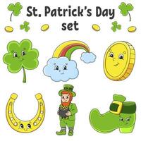 Set Aufkleber mit süßen Zeichentrickfiguren. st. Patricks Tag. handgemalt. bunte Packung. Vektor-Illustration. Patch-Abzeichen-Kollektion für Kinder. für Tagesplaner, Organizer, Tagebuch. vektor