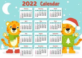 kalender för 2022 med en söt tigersymbol för det nya året. rolig och ljus design. isolerade färg vektorillustration. tecknad stil. vektor