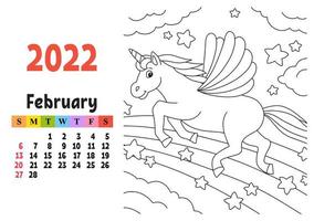 Kalender für 2022 mit einem süßen Charakter. feenhaftes Einhorn. Malvorlagen. Spaß und helles Design. isolierte Farbvektorillustration. Cartoon-Stil. vektor