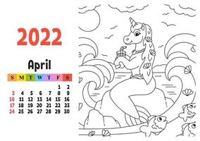 Kalender für 2022 mit einem süßen Charakter. feenhaftes Einhorn. Malvorlagen. Spaß und helles Design. isolierte Farbvektorillustration. Cartoon-Stil. vektor