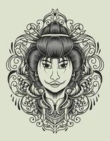 Illustration Baddass Geisha Frau mit Gravur Ornament