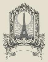 Grundlegende rgbillustrationsvektor-Eiffelturmgebäude mit Vintage-Gravurverzierung