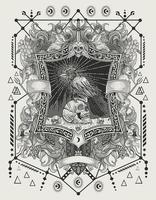 Illustrationsvektor gotischer Krähenvogel mit Totenkopf auf Vintage-Gravurverzierung