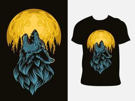 Illustrationsvektorwolf, der auf dem Mond mit T-Shirt-Design brüllt