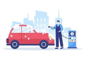 Autowaschservice flache Designillustration. Arbeiter waschen Autos mit Schwämmen, Seife und Wasser für Hintergrund, Poster oder Banner vektor