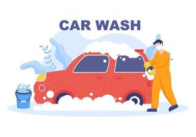 Autowaschservice flache Designillustration. Arbeiter waschen Autos mit Schwämmen, Seife und Wasser für Hintergrund, Poster oder Banner vektor