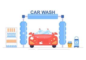 biltvätt service platt design illustration. arbetare tvättar bil med svampar tvål och vatten för bakgrund, affisch eller banderoll vektor
