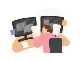 Ein Geschäftsmann ist mit der Arbeit beschäftigt, während er auf seinen Computer schaut. vektor
