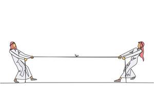 enda kontinuerlig linje teckning två arab affärsmän dragande varje andras rep. spela ljus spel till skapa samhörighet. Mer och Mer enhetlig för prestation. ett linje design illustration vektor