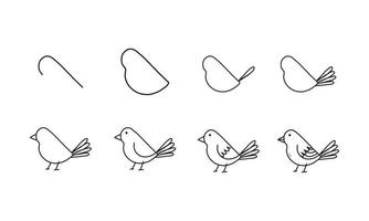 hur man ritar en söt fågel steg för steg. husdjur djur tecknad serie målarbok karaktär samling för barn. lätt rolig djurteckningsillustration för barnkreativitet. ritningsguidebok i vektordesign. vektor