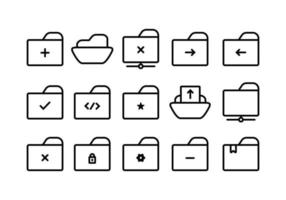 Reihe von ordnerbezogenen Symbolen für die organisierte Benutzeroberfläche. Bearbeitbares Strichsymbol für die Benutzeroberfläche von Speicherwebsites oder -anwendungen. Anpassbare Ordnersymbolsammlung im flachen Linienstil. vektor
