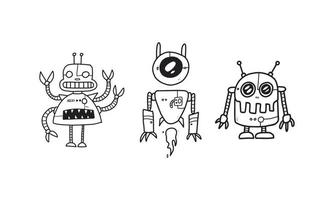 lustige futuristische Roboter Cartoon-Set isoliert auf weißem Hintergrund. niedliche farblose Roboterillustrationshand gezeichnet im Vektordesign. vektor