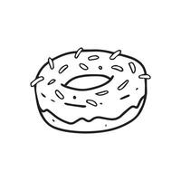 eine handgezeichnete Illustration eines süßen Essens, eines Donuts. ein Lebensmittel, das in einem Umriss dargestellt ist. ungefärbte Zeichnung des Desserttellers für dekoratives Elementdesign. vektor