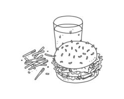 eine handgezeichnete Illustration eines Frühstückssets. ein Burger, Pommes und Cola. ein Lebensmittel, das in einem Umriss dargestellt ist. ungefärbte Zeichnung des westlichen Tellers für dekoratives Elementdesign. vektor