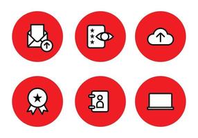 ikoner som samling av digitala nätverk och kommunikation. e-post, betyg, recension, moln, kontakt och datorsymboler. enkla ikoner med röd färg i en cirkel. vektor