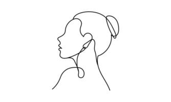 en rad kontinuerlig teckning av ett kvinnligt huvud med hår i en bulle från sidan. handritad vektor linjekonst minimal design isolerad på vit bakgrund.
