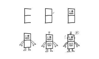 hur man ritar en futuristisk robot från e steg för steg. enkel och rolig aktivitet för barns utveckling och kreativitet. handledning för att rita djur och objekt från alfabetserien i vektorillustration. vektor