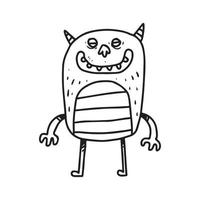 en handritad illustration av ett leende högt monster. söt doodle tecknad teckning av en fantasy karaktär i ofärgad stil. en rolig elementdesign. vektor