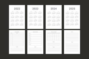 2022 2023 2024 2025 kalender och daglig veckovis månatlig mall för personlig planerare. månadskalender individuellt schema minimalistisk design för företagsnotebook vektor