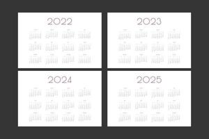 2022 2023 2024 2025 kalendermall för individuellt schema i minimalistisk trendig stil. veckan börjar på söndag vektor