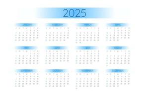 2025 fickkalendermall i strikt minimalistisk stil med blå gradientelement, horisontellt format. veckan börjar på söndag vektor