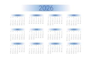 2026 fickkalendermall i strikt minimalistisk stil med blå gradientelement, horisontellt format. veckan börjar på söndag vektor